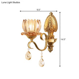 Petal Wall Mount Amber Glass Bedroom Lighting With Crystal Deco - Modern Design In Brass