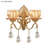 Petal Wall Mount Amber Glass Bedroom Lighting With Crystal Deco - Modern Design In Brass
