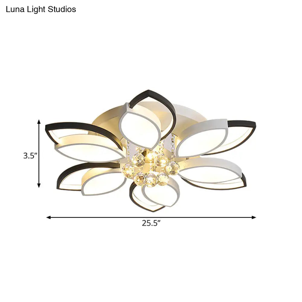 Petals Bedroom Led Ceiling Light With Nordic Acrylic Shade Crystal Ball Drop Black-White Finish