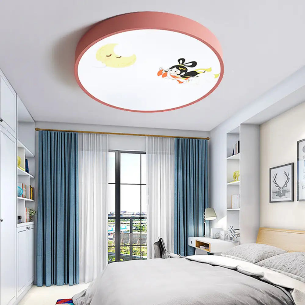 Pink Acrylic Flush Ceiling Light With Crescent & Fairy Baby Room Creative Lamp / White