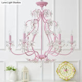 Pink Crystal Kids Metal Chandelier: Candle-Shaped Hanging Light With Clear Crystals For Dining Room