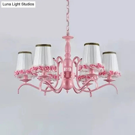 Pink Flower Chandelier: Fabric Tapered Shade Kids Hanging Light For Girls Bedroom