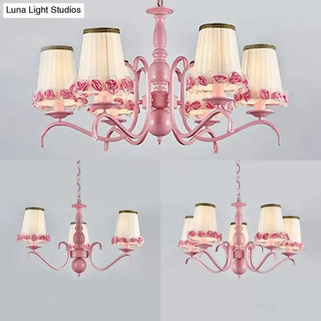 Pink Flower Chandelier: Fabric Tapered Shade Kids Hanging Light For Girls Bedroom