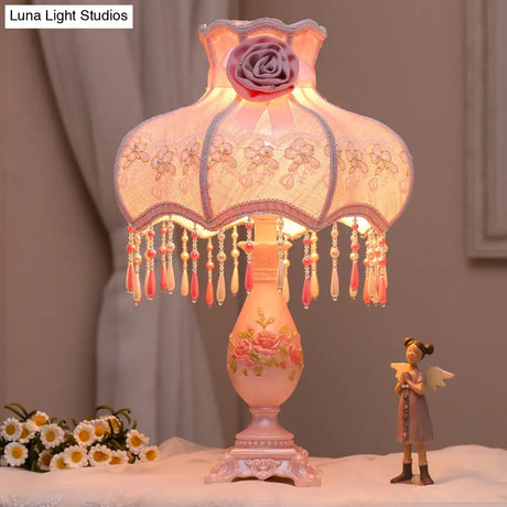 Pink Korean Garden Scalloped Table Lamp For Bedroom With Drape And Vase Base