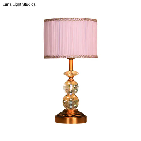 Pink Pleated Fabric Nightstand Lamp With Crystal Orbs: Traditional Design In Pink/White/Coffee Shade