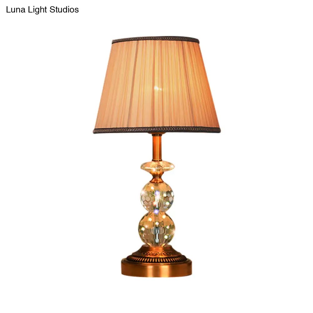 Pink Pleated Fabric Nightstand Lamp With Crystal Orbs: Traditional Design In Pink/White/Coffee Shade