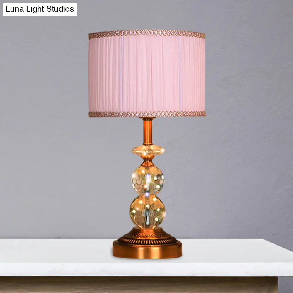 Pink Pleated Fabric Nightstand Lamp With Crystal Orbs: Traditional Design In Pink/White/Coffee Shade