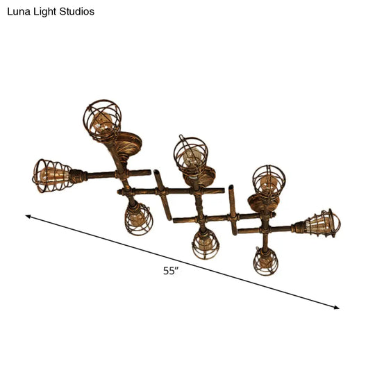 Piping Industrial Antiqued Bronze Metal Semi Flush Mount Ceiling Light With Cage 8 /