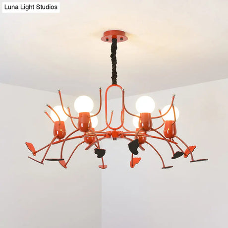 Playful Red Stick-Man Kids Room Chandelier Cartoon Metal Hanging Light Fixture