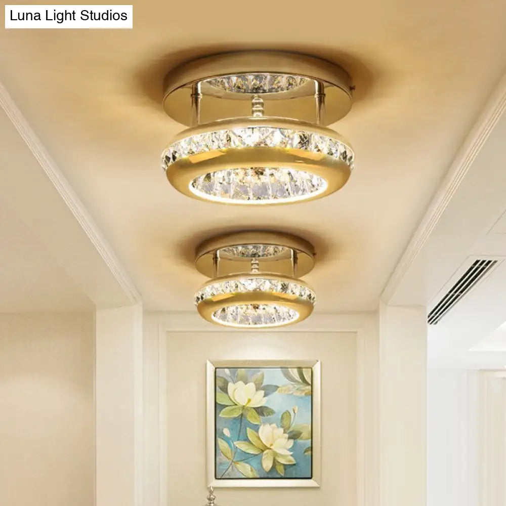 Polished Chrome Donut Ceiling Lamp With Simple Crystal Led Flush Mount Fixture In Warm/White Light