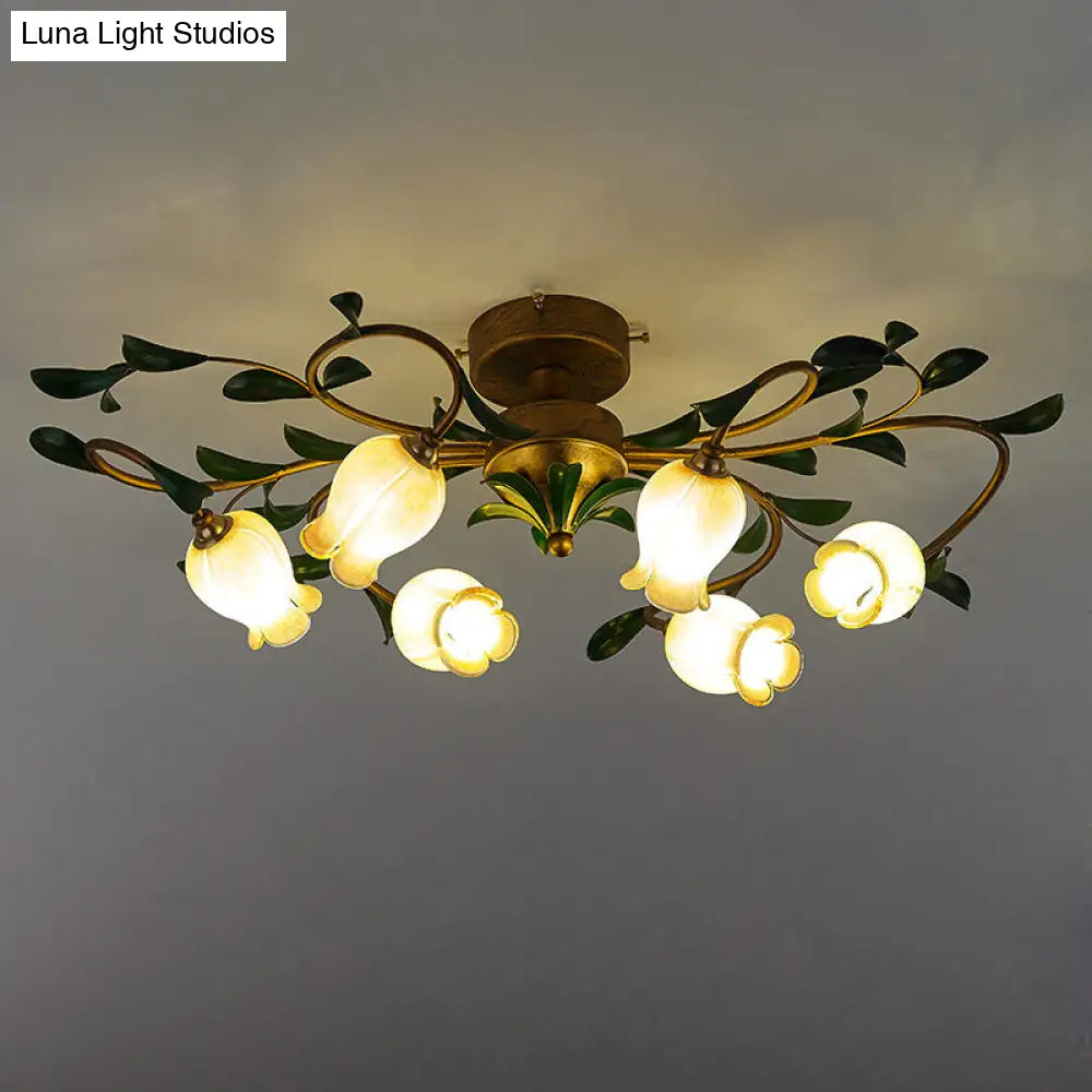 Pomegranate Flower Flushmount Glass Ceiling Light - 6-Head Semi Flush Mount For Dining Room