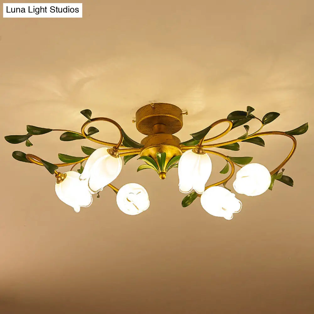 Pomegranate Flower Flushmount Glass Ceiling Light - 6 - Head Semi Flush Mount For Dining Room