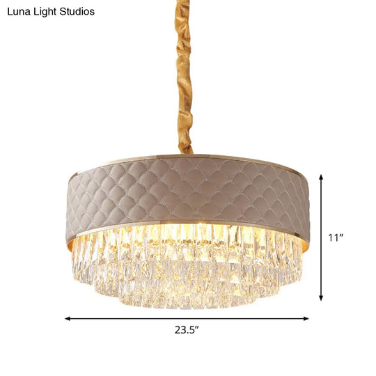 Post-Modern 10-Light Drum Ceiling Crystal Chandelier Light Fixture With Leatherwear Shade