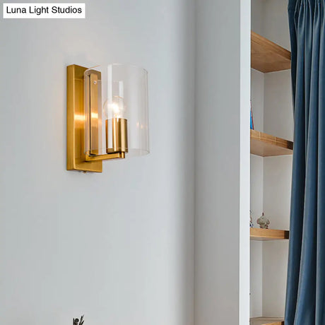 Post Modern Brass Finish Wall Lamp With Clear/Textured White Glass - Cylindric Sconce Design (1