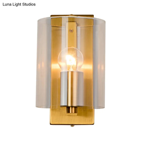 Post Modern Brass Finish Wall Lamp With Clear/Textured White Glass - Cylindric Sconce Design (1