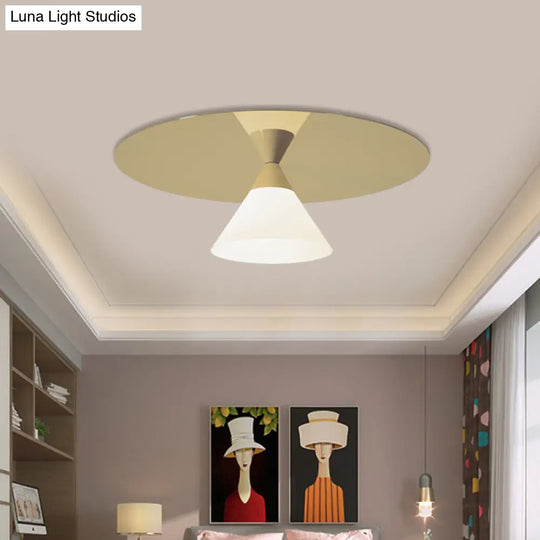 Post - Modern Brass Flush Mount Ceiling Light With White Glass Shade And Cone Design