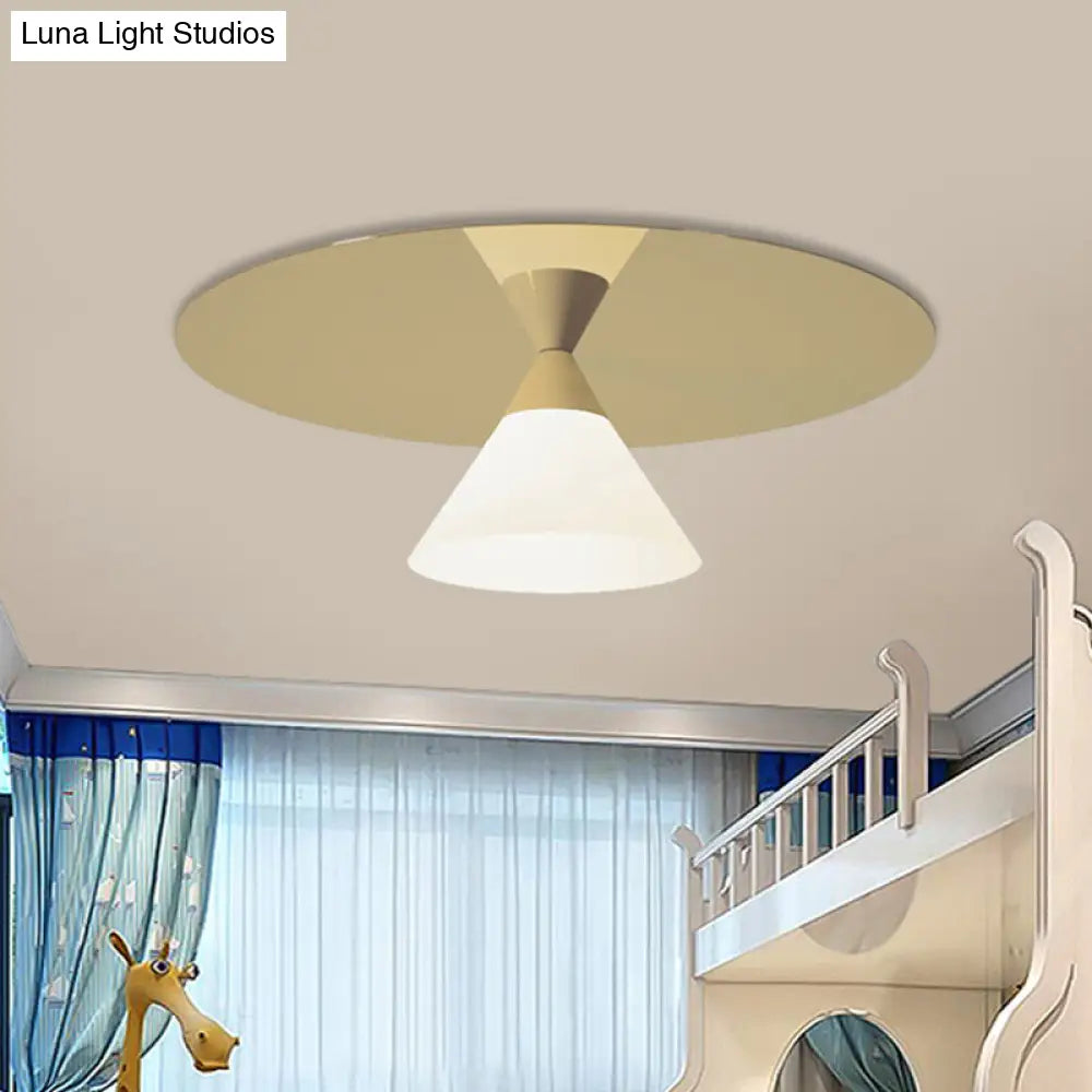 Post-Modern Brass Flush Mount Ceiling Light With White Glass Shade And Cone Design Gold