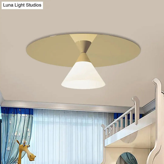 Post-Modern Brass Flush Mount Ceiling Light With White Glass Shade And Cone Design Gold