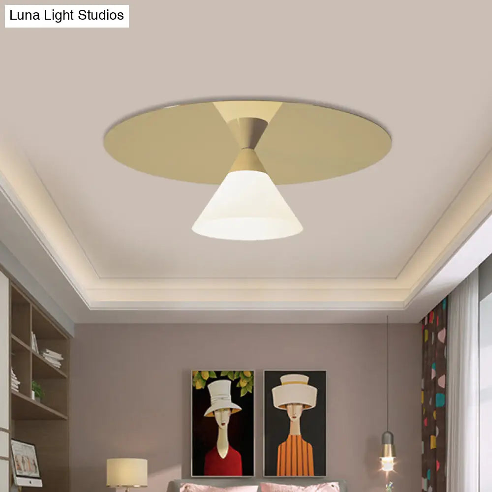 Post-Modern Brass Flush Mount Ceiling Light With White Glass Shade And Cone Design
