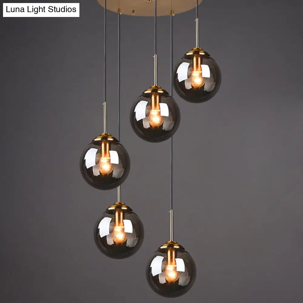 Brass Finish Cluster Ball Pendant - Post-Modern Glass Suspended Lighting Fixture With 5 Bulbs Smoke