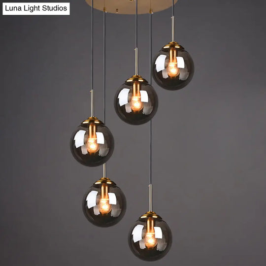 Brass Finish Cluster Ball Pendant - Post-Modern Glass Suspended Lighting Fixture With 5 Bulbs Smoke