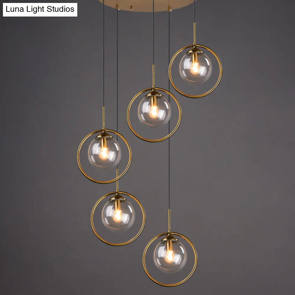 Brass Finish Cluster Ball Pendant - Post-Modern Glass Suspended Lighting Fixture With 5 Bulbs Clear