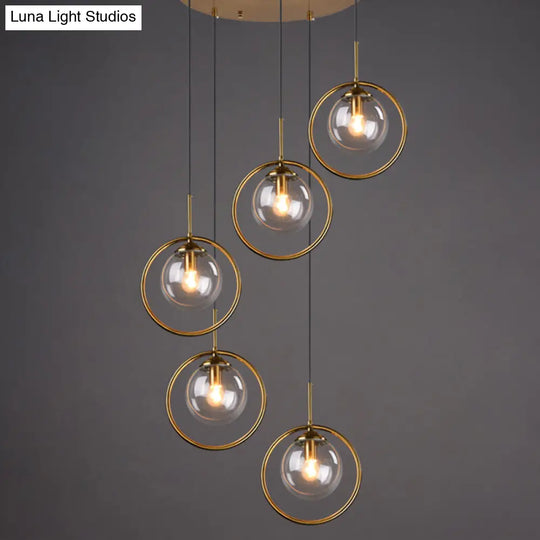 Brass Finish Cluster Ball Pendant - Post-Modern Glass Suspended Lighting Fixture With 5 Bulbs Clear