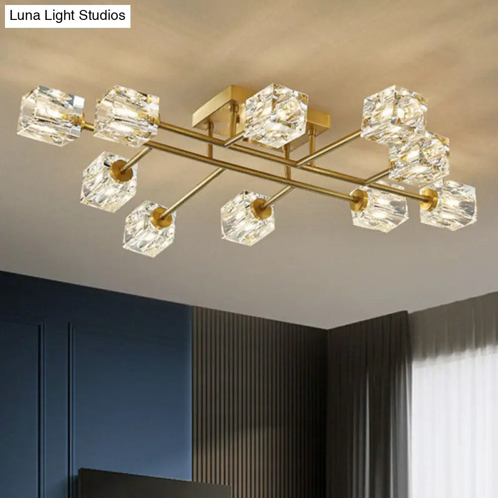 Post-Modern Crystal Cube Ceiling Light With Gold Finish
