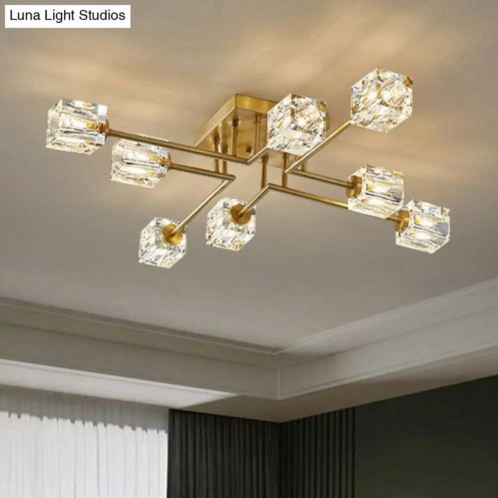Post-Modern Crystal Cube Ceiling Light With Gold Finish