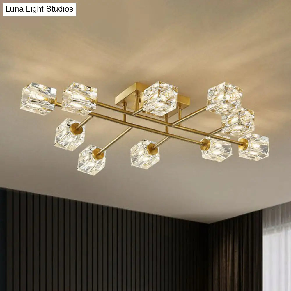 Post-Modern Crystal Cube Ceiling Light With Gold Finish