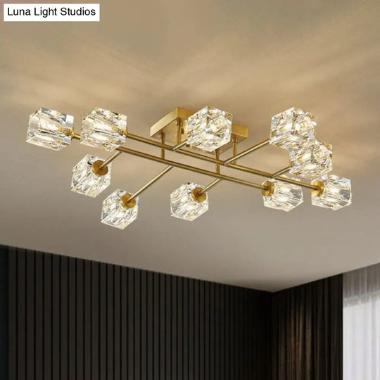 Post-Modern Crystal Cube Ceiling Light With Gold Finish