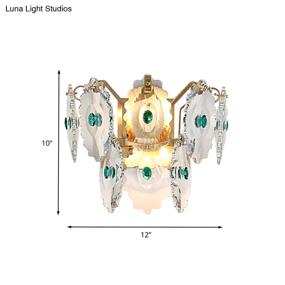 Postmodern 2-Light Wall Sconce With Clear Crystal And Green/Gold Gem Accent