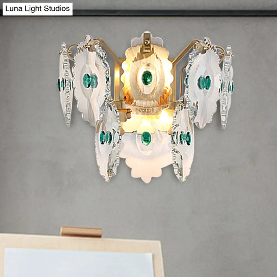 Postmodern 2-Light Wall Sconce With Clear Crystal And Green/Gold Gem Accent