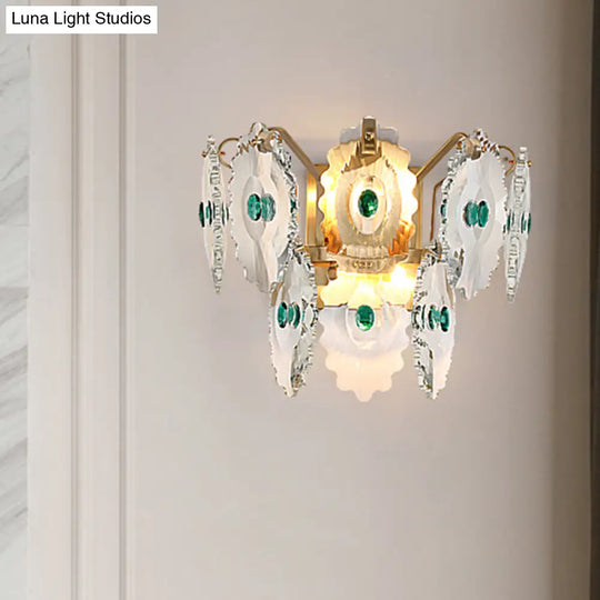 Postmodern 2-Light Wall Sconce With Clear Crystal And Green/Gold Gem Accent