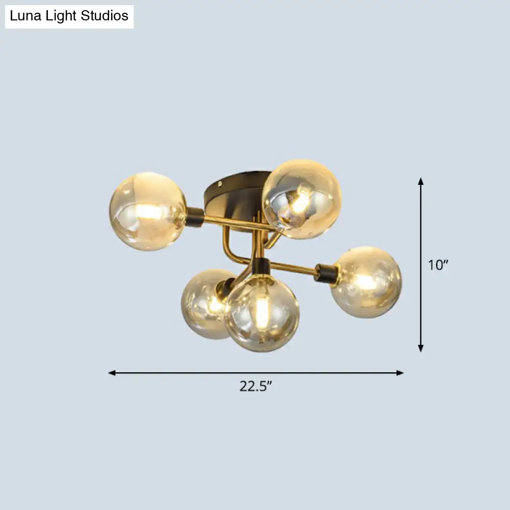 Postmodern 5 - Light Sphere Flush Mount Lamp: Glass Semi Ceiling Light In Black - Brass For