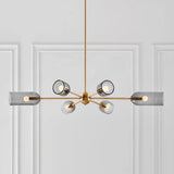 Postmodern 6-Bulb Gold Chandelier With Smoky Grey Cloche Glass Shade - Hanging Pendant