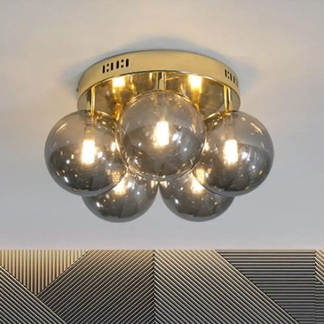 Postmodern Ball Smoke Grey Glass Ceiling Lamp With Gold Finish - Semi Flush Light Fixture (5 Lights)