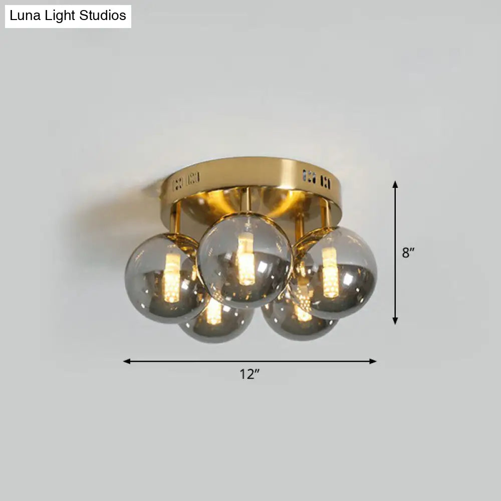 Postmodern Ball Smoke Grey Glass Ceiling Lamp With Gold Finish - Semi Flush Light Fixture (5 Lights)