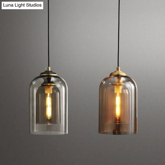 Postmodern Bedroom Hanging Lamp With Double Cloche Glass Shade - 1 Bulb Ceiling Light