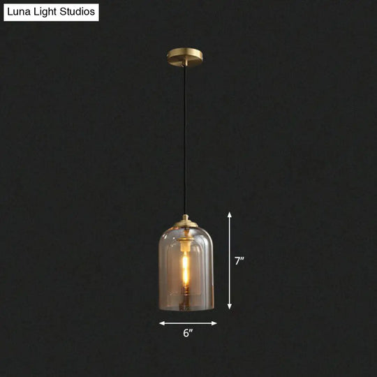 Modern Bedroom Hanging Lamp With Double Glass Cloche Shade Cognac