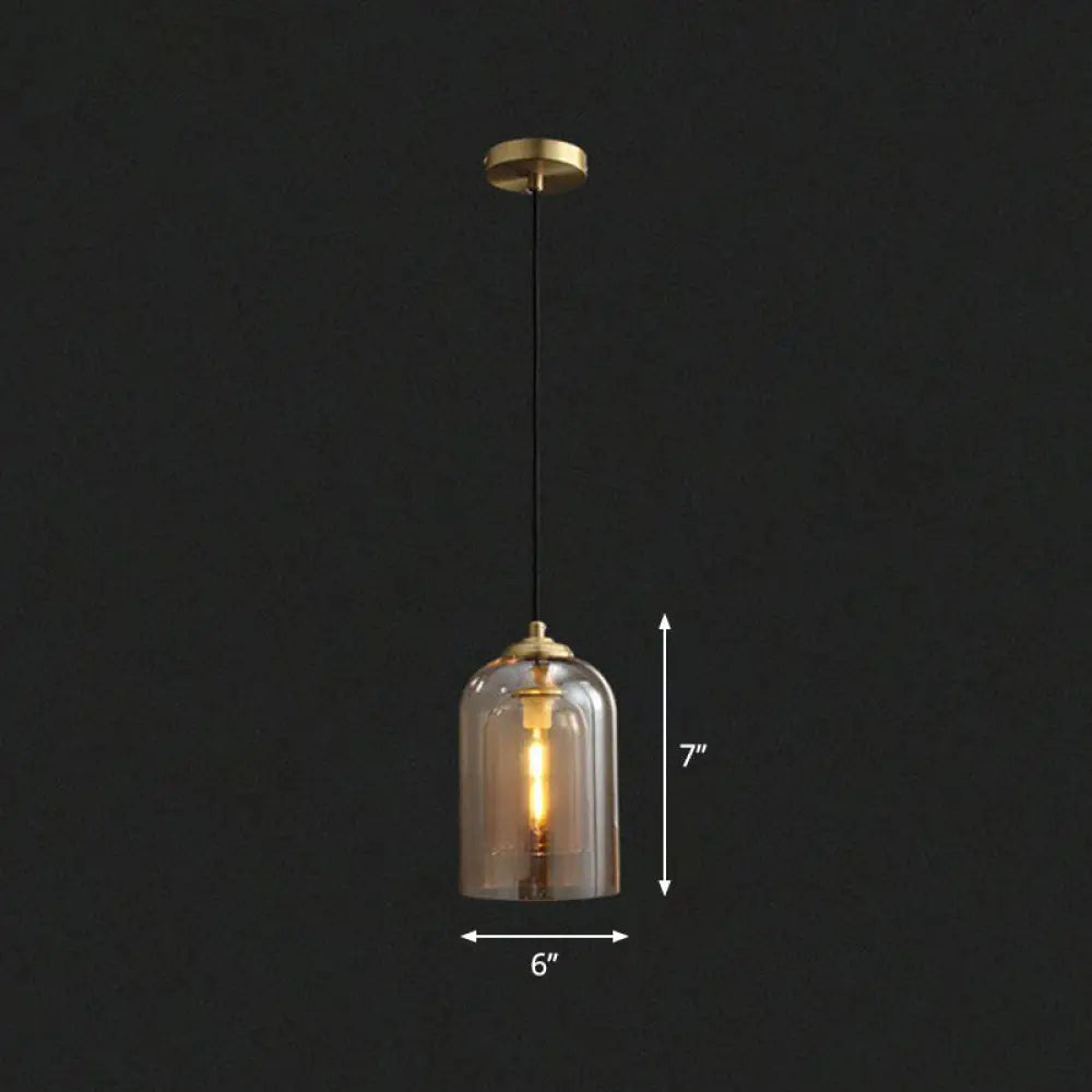 Postmodern Bedroom Hanging Lamp With Double Cloche Glass Shade - 1 Bulb Ceiling Light Cognac