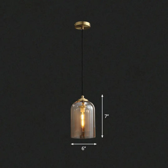 Postmodern Bedroom Hanging Lamp With Double Cloche Glass Shade - 1 Bulb Ceiling Light Cognac