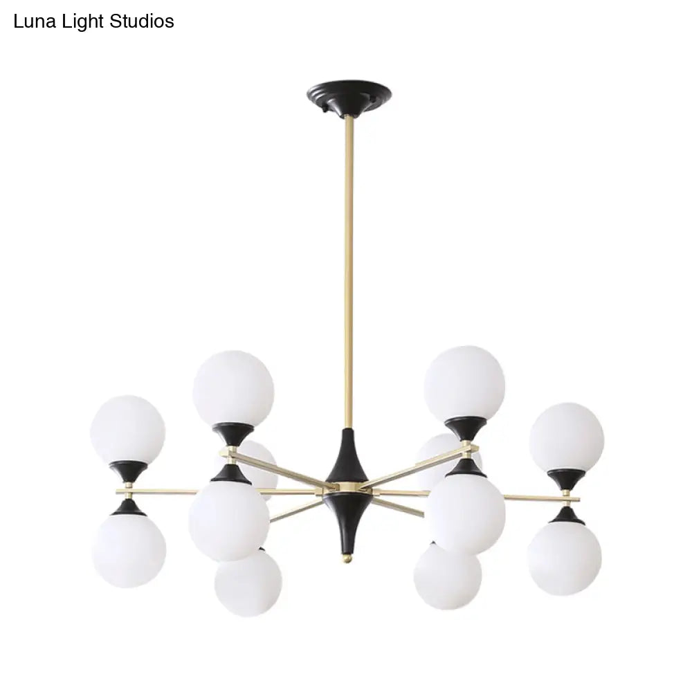 Postmodern Black-Gold Hanging Light With Ivory Glass Shades - 6/8/12 Heads