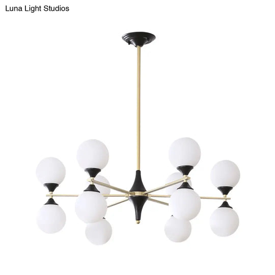 Postmodern Black-Gold Hanging Light With Ivory Glass Shades - 6/8/12 Heads