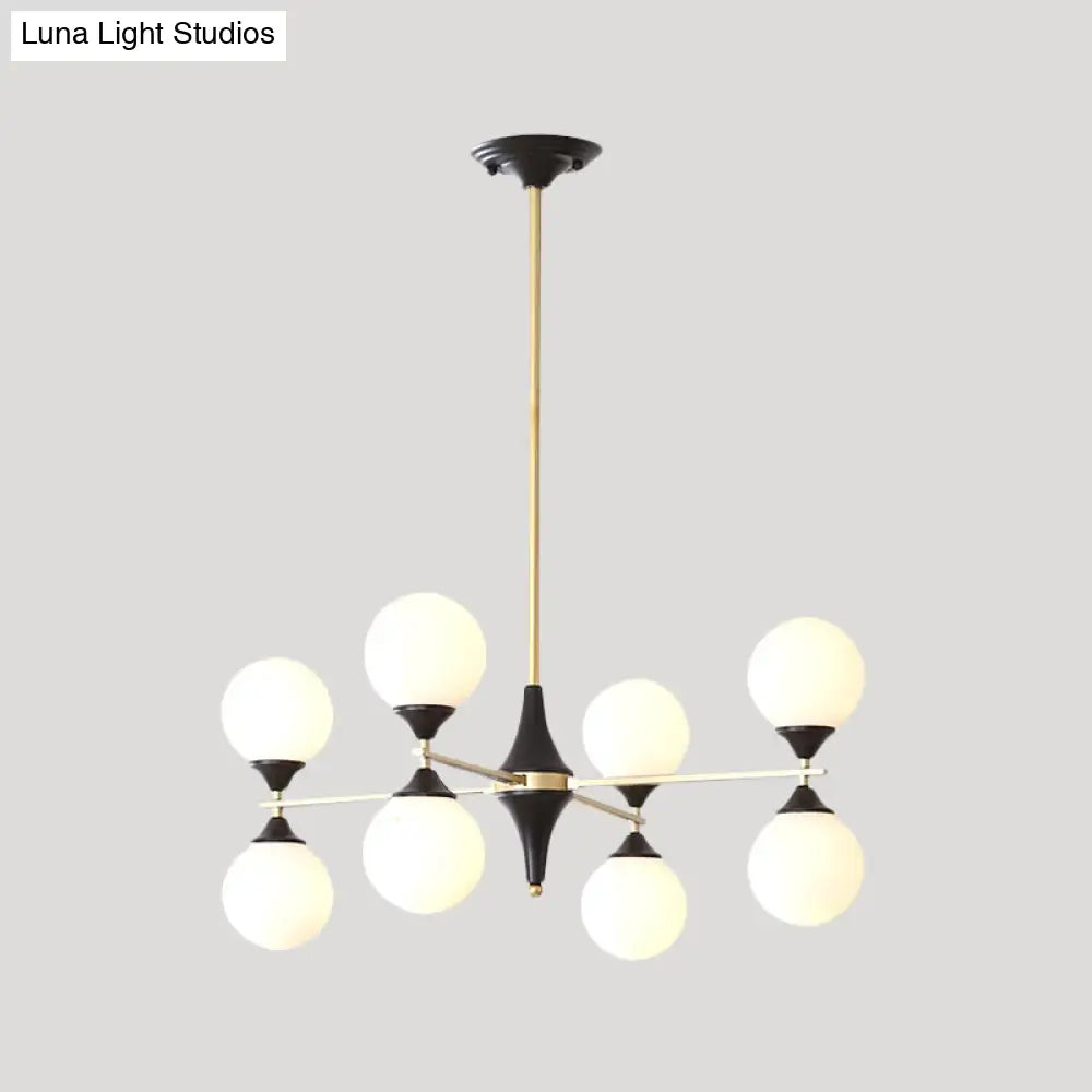 Postmodern Black-Gold Hanging Light With Ivory Glass Shades - 6/8/12 Heads