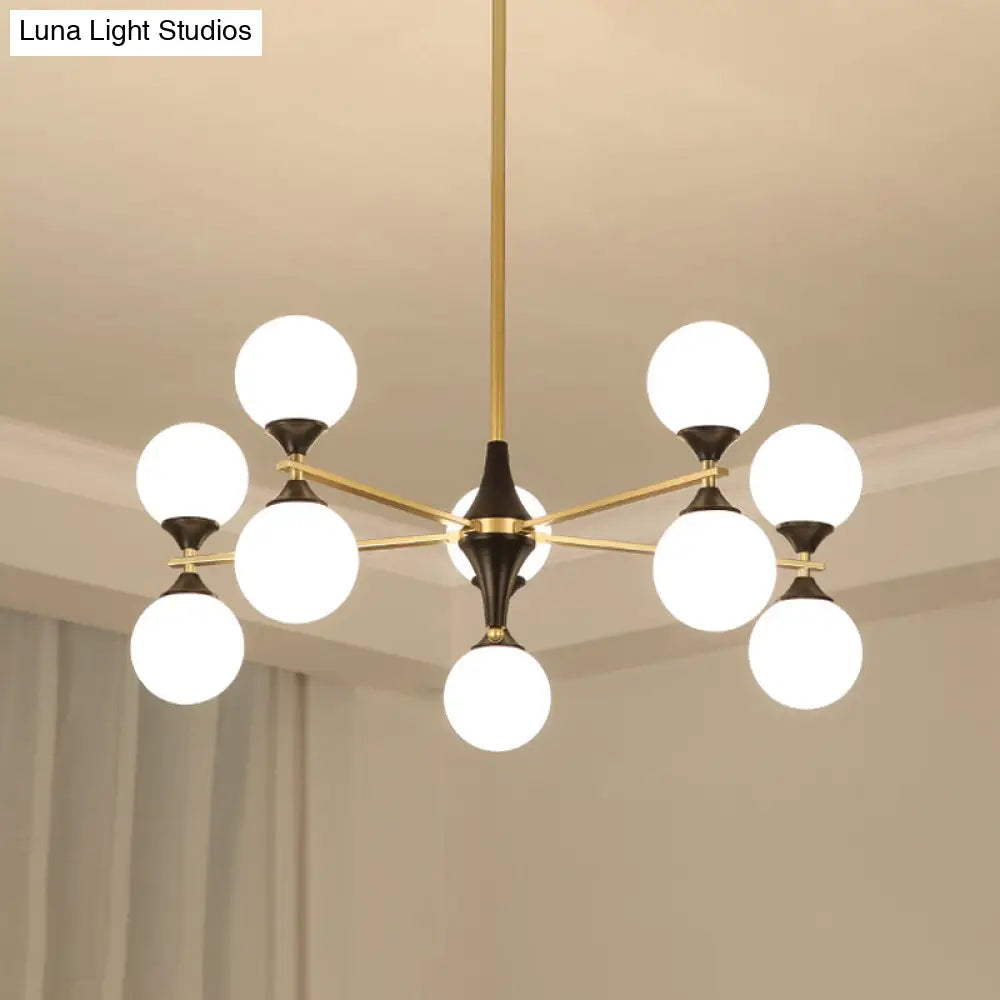 Postmodern Black-Gold Hanging Light With Ivory Glass Shades - 6/8/12 Heads