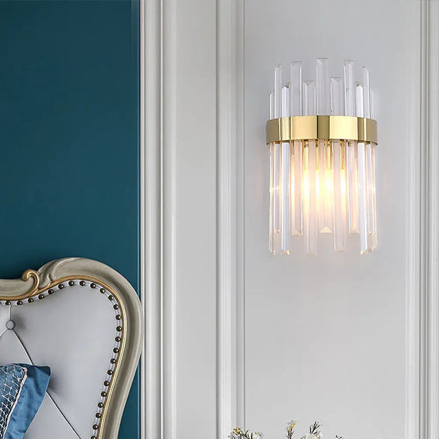 Postmodern Black/Gold Sconce Light Fixture With Crystal Rod Shade - 2 Heads Bedroom Wall Gold