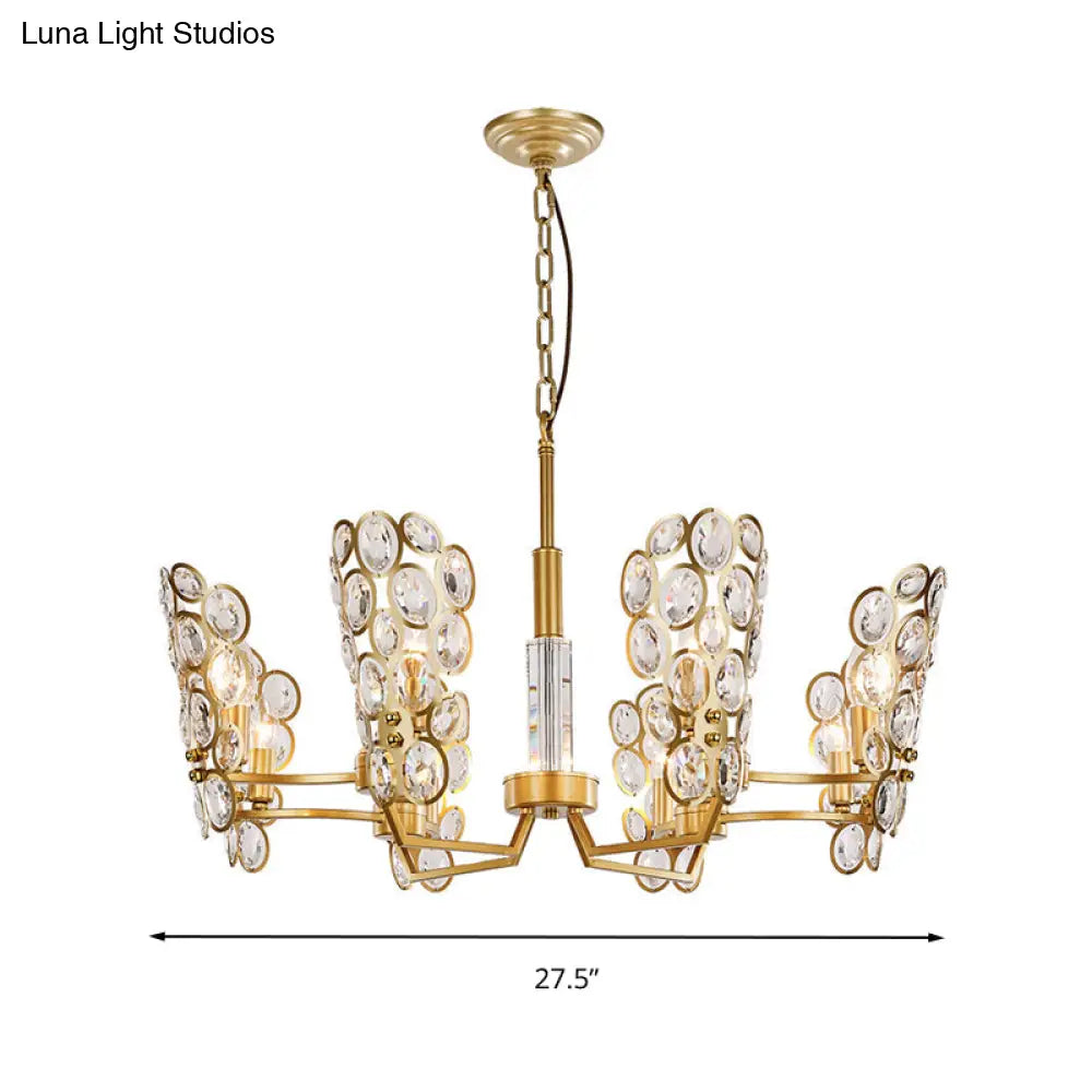 Postmodern Brass Candelabra Pendant Chandelier With Crystal Encrusted Ceiling Suspension – 6 Heads