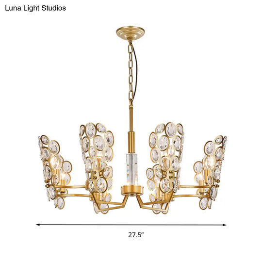 Postmodern Brass Candelabra Pendant Chandelier With Crystal Encrusted Ceiling Suspension – 6 Heads