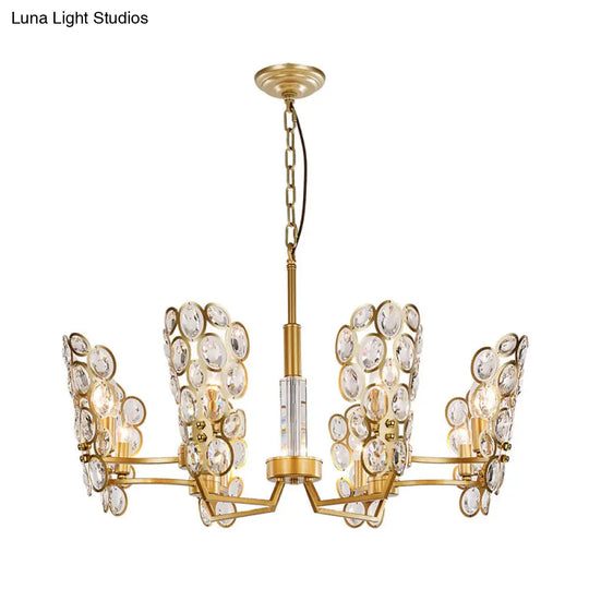 Postmodern Brass Candelabra Pendant Chandelier With Crystal Encrusted Ceiling Suspension – 6 Heads